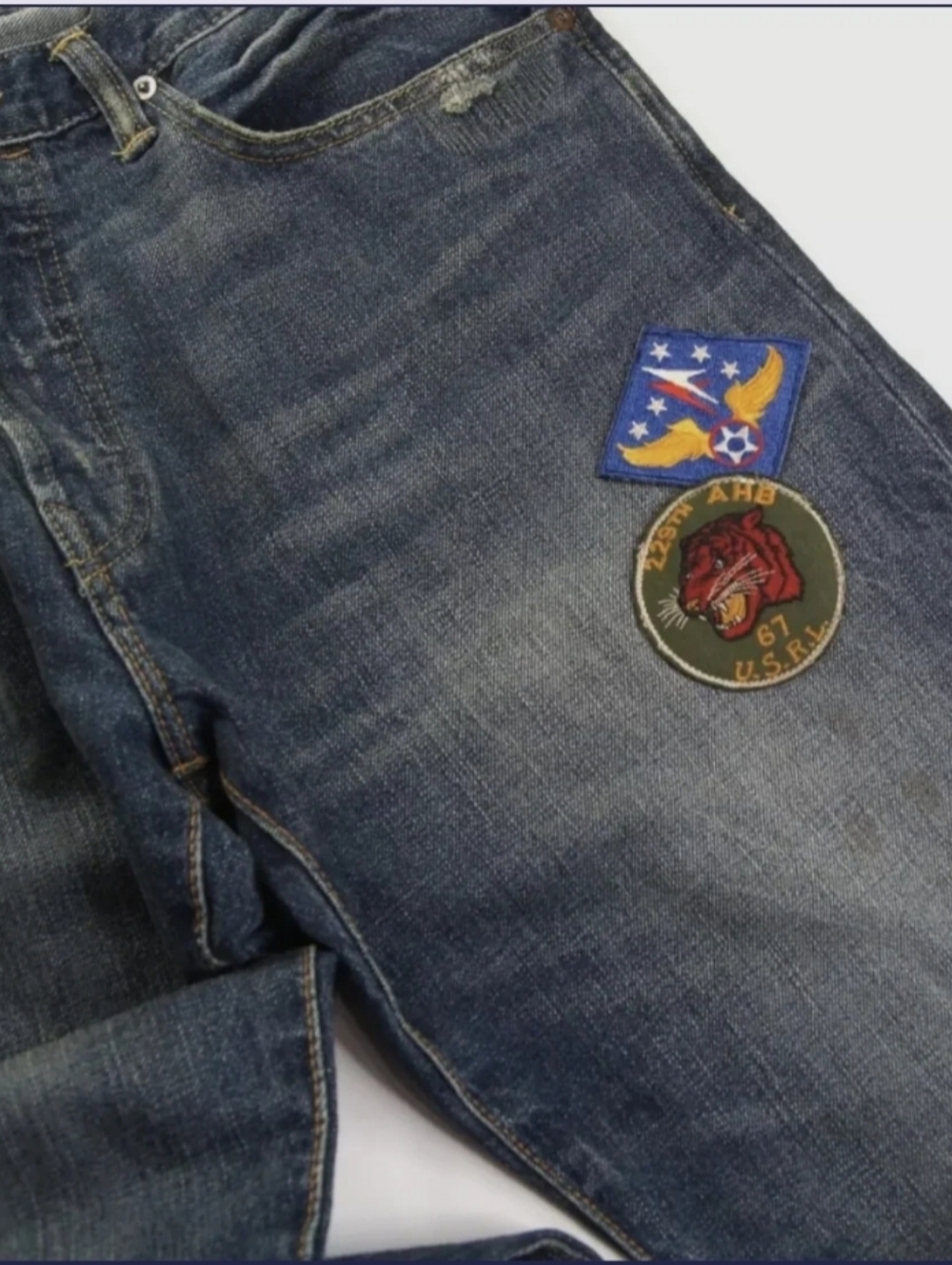 Polo Ralph Lauren Men's Dark Blue Denim Jeans with Military Patch Details 36x32